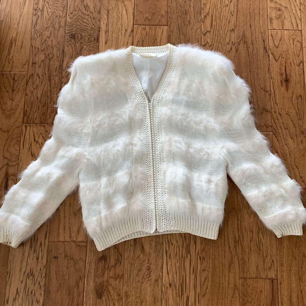 1980’s Vintage angora trim zip-cardigan sweater with pockets.